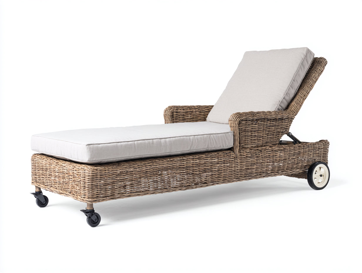 Tumbona de ratán 200x72x95 cm - marrón y blanco - respaldo reclinable con ruedas