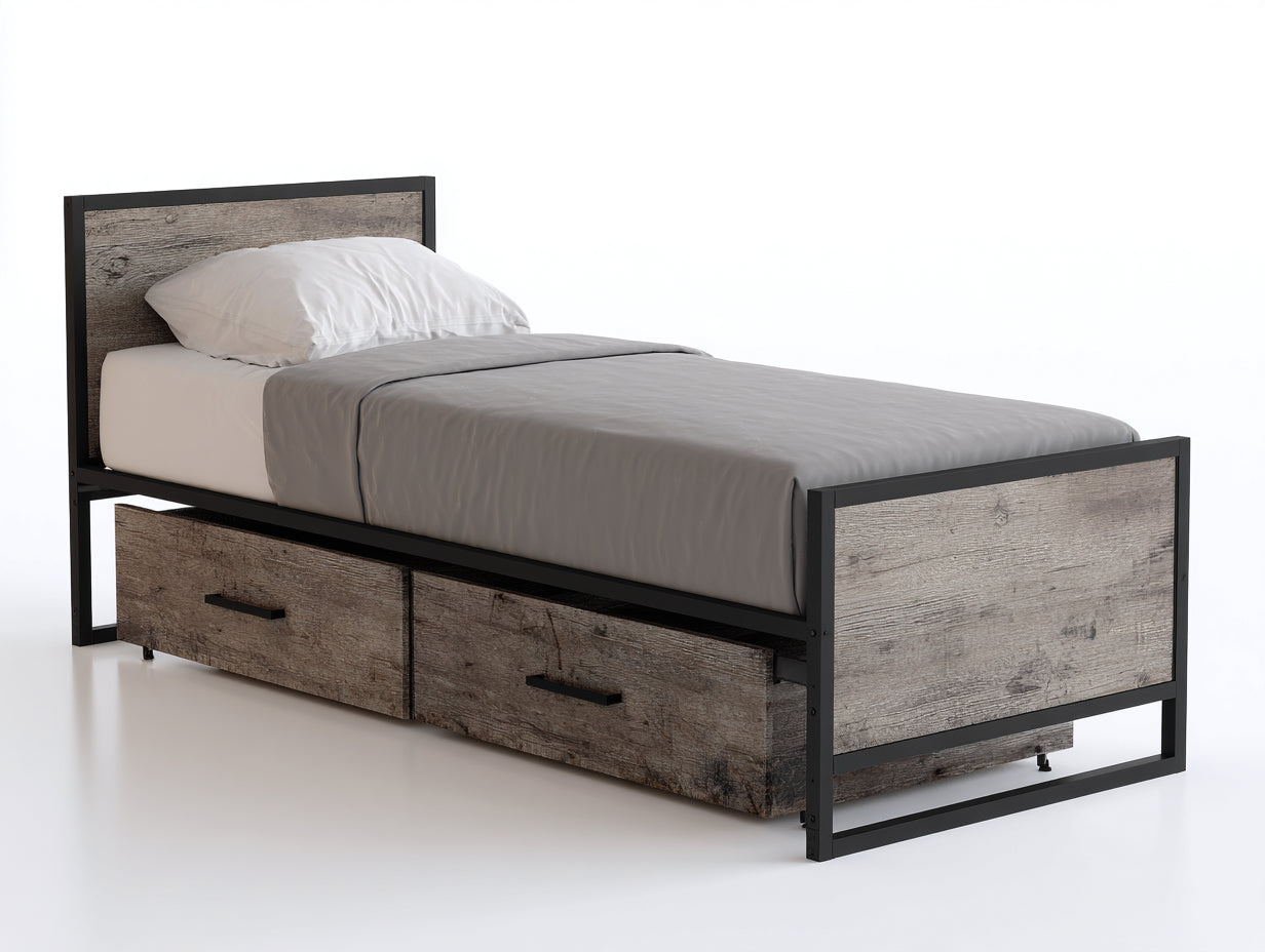 Camas individuales 205x100x105 cm - madera efecto envejecido y metal negro - diseño industrial con almacenaje