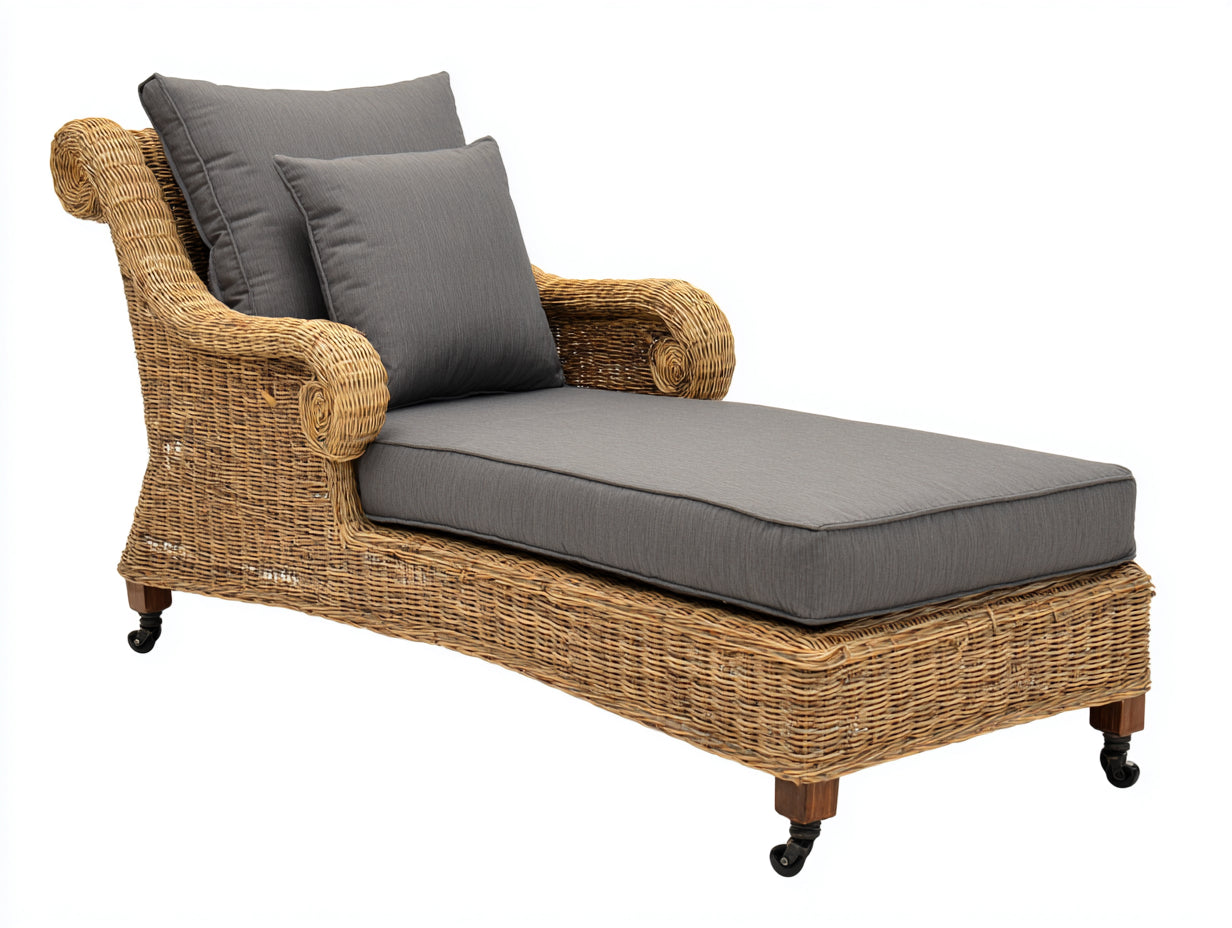 Tumbonas de ratán y madera 188x76x92 cm - natural-gris - para jardín - con ruedas - estilo clásico
