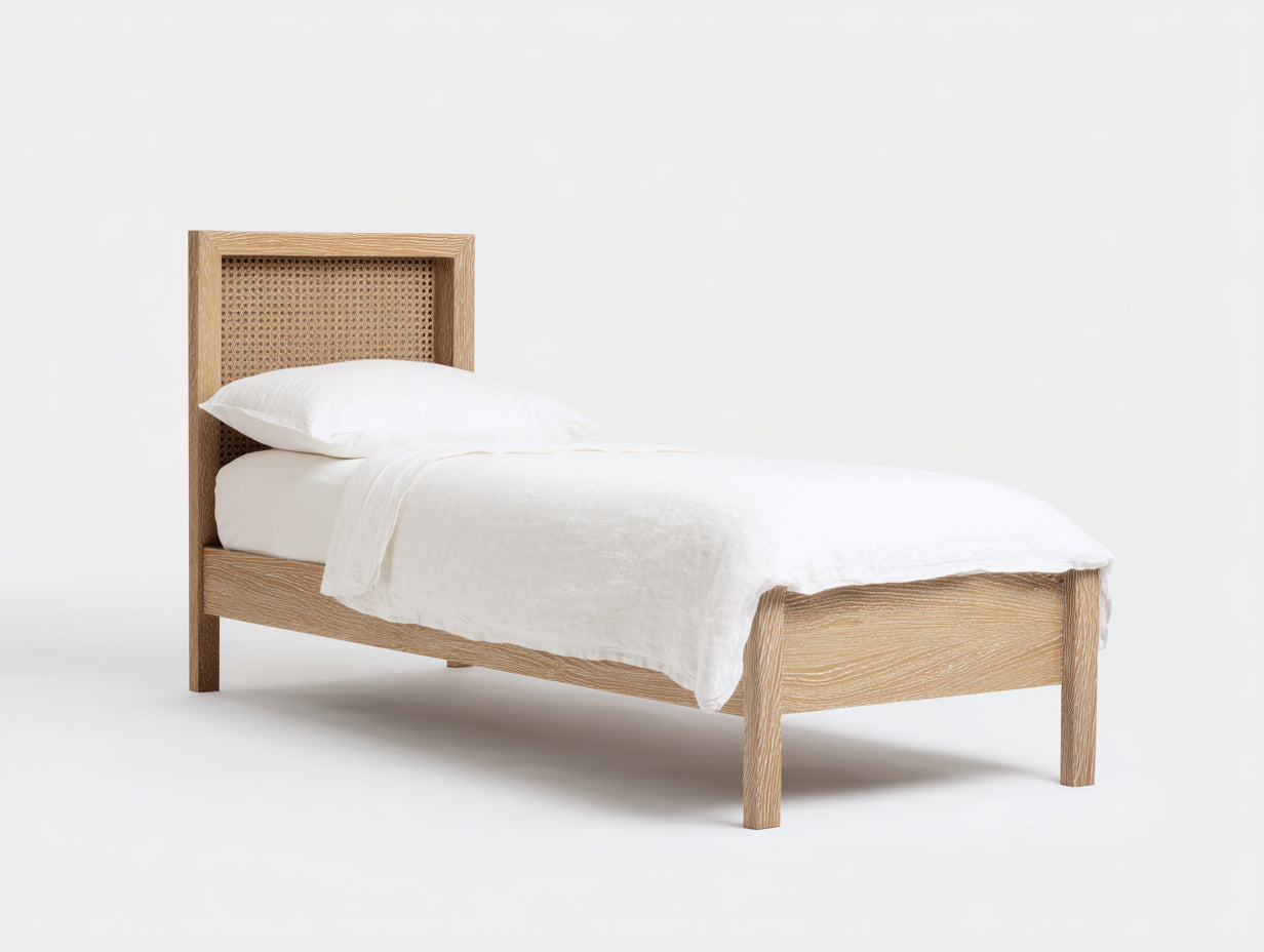 Camas individuales de madera natural 206x99x105 cm - para dormitorio - cabecero de rejilla