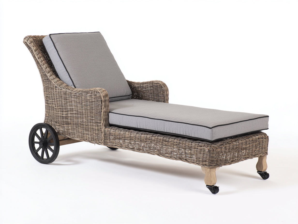Tumbonas de ratán y madera 186x74x90 cm - natural-gris - para jardín - con ruedas - estilo rústico