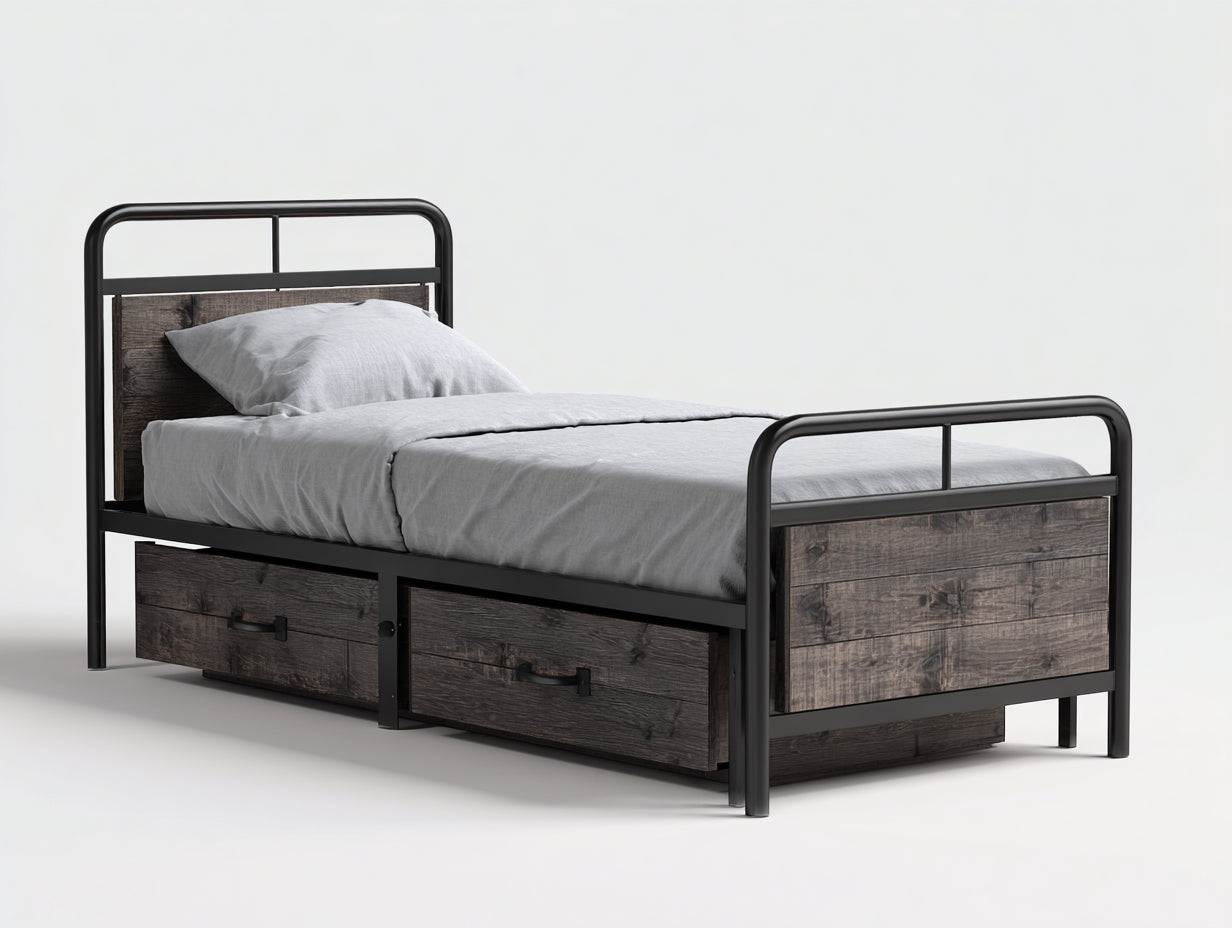 Camas individuales metal y madera 208x102x110 cm gris oscuro para dormitorio - estilo industrial con almacenamiento