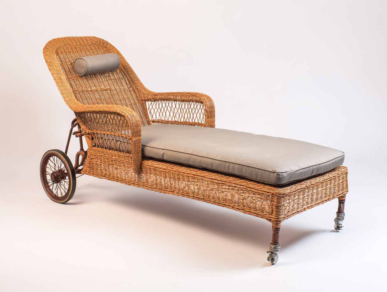 Tumbonas de ratán trenzado natural 190x72x98 cm - para jardín - diseño con ruedas