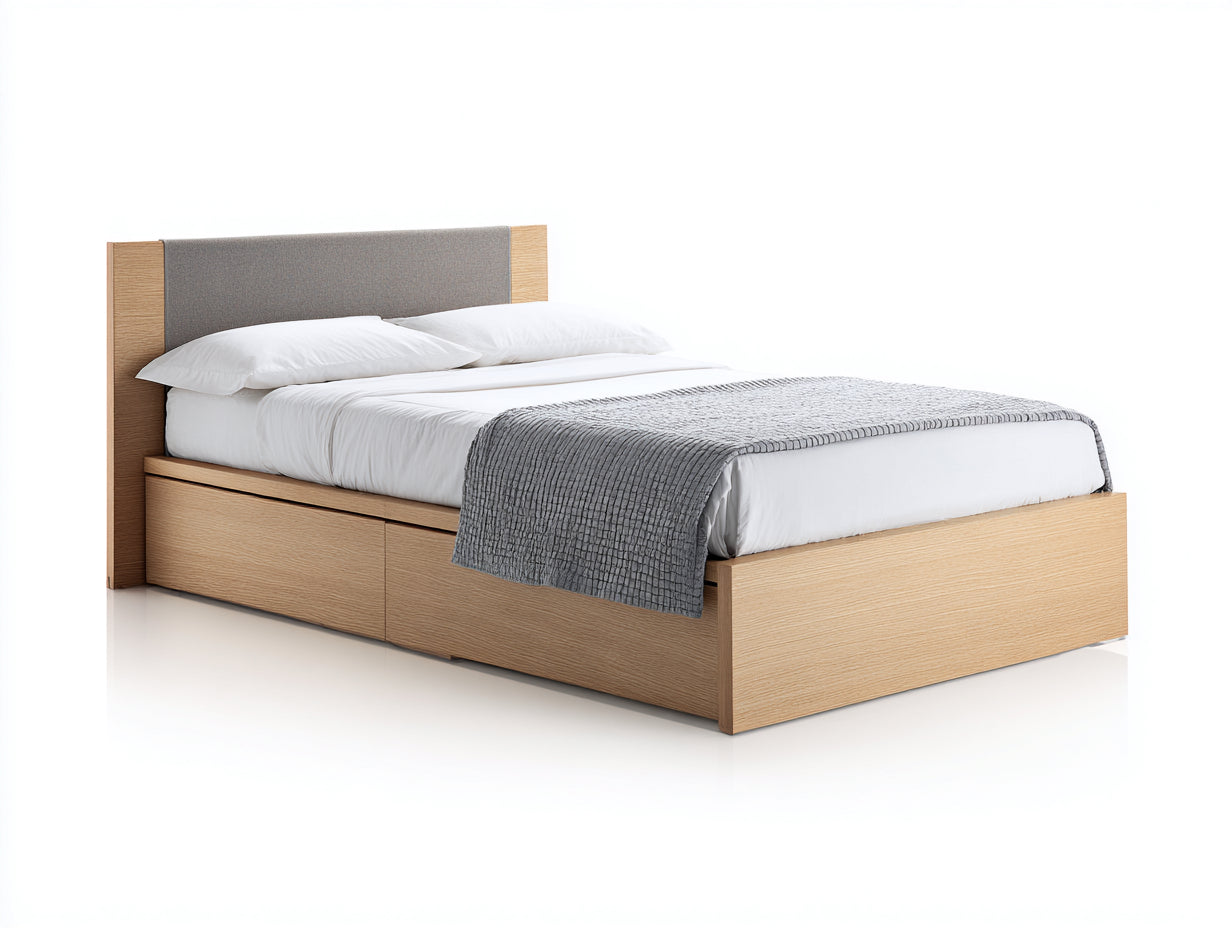 Camas individuales madera y tela 200x100x110 cm roble claro gris con almacenamiento diseño moderno