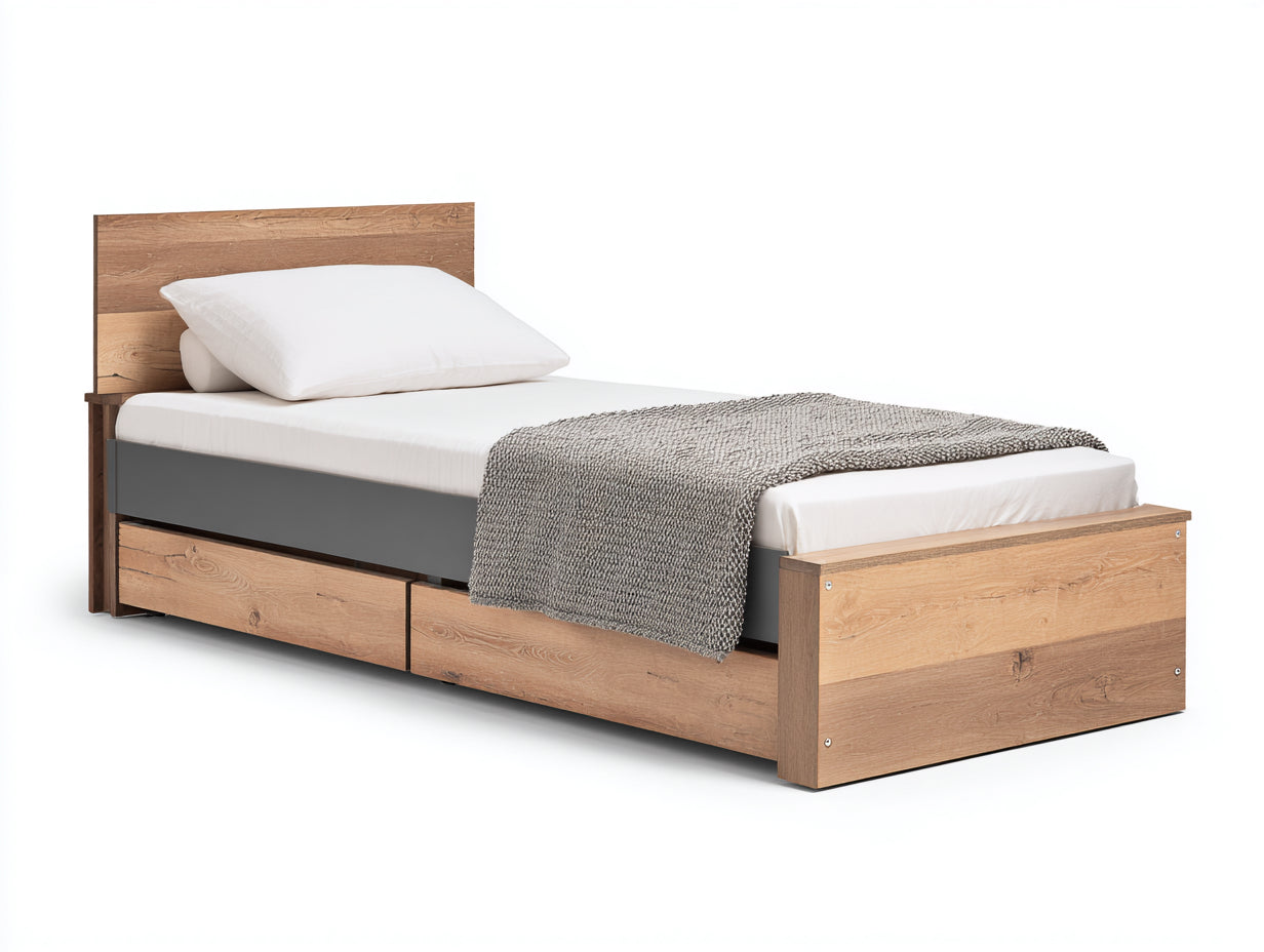 Camas individuales de madera efecto roble 209x104x96 cm - para dormitorio - con cajones