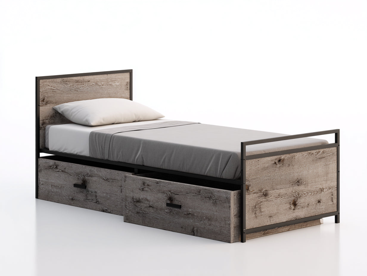 Camas individuales madera y metal 200x100x100 cm roble envejecido con almacenamiento diseño industrial