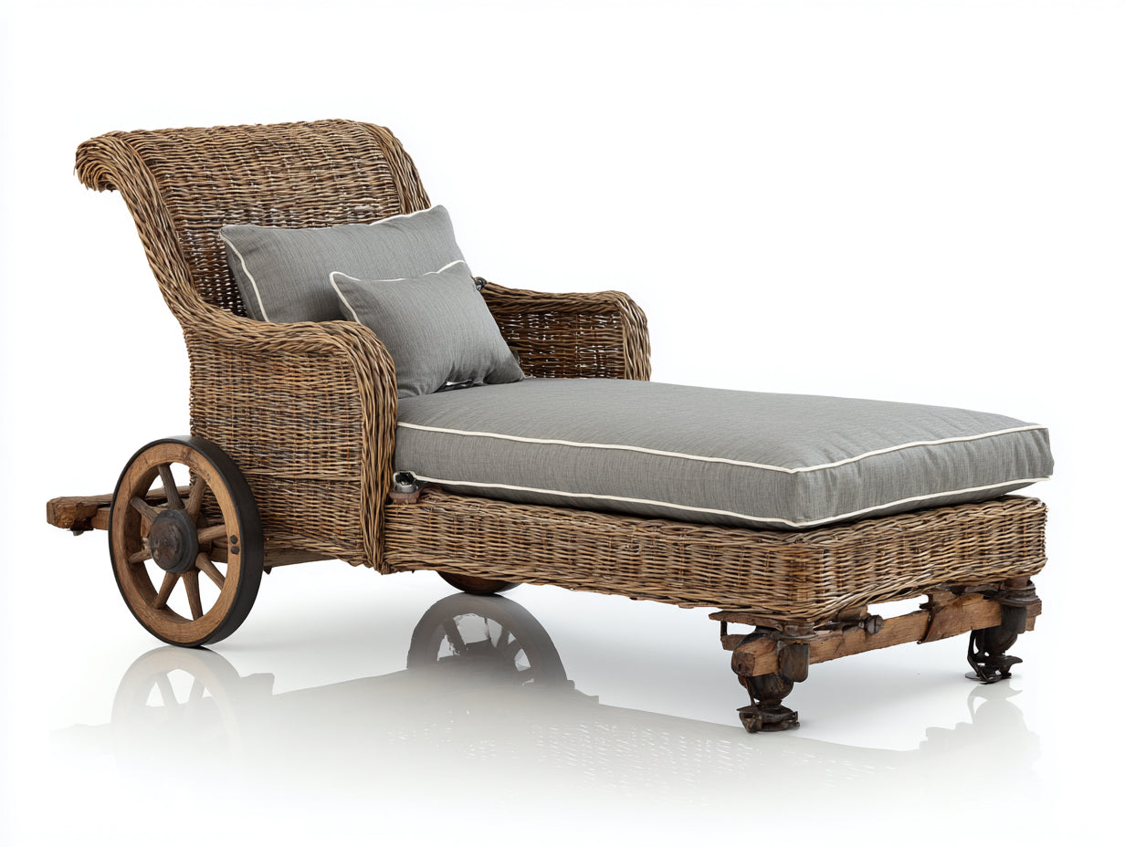 Tumbonas de ratán y madera 190x78x98 cm - marrón-gris - para jardín - con ruedas - estilo rústico
