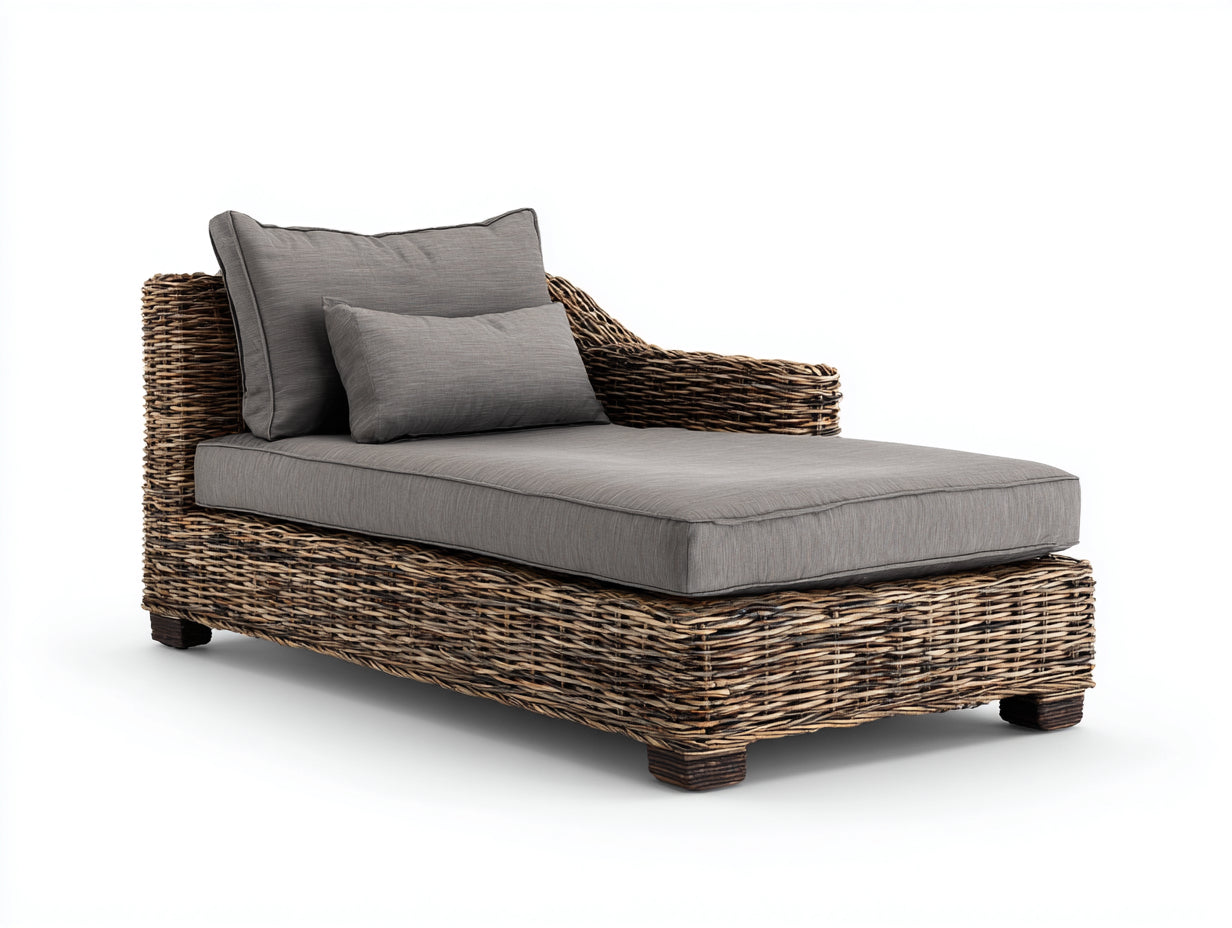 Tumbona de ratán 195x82x78 cm - marrón y gris - diseño bajo con reposabrazos